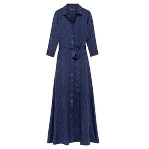 Banana Republic Snake Print Maxi Dress Belted Bottons Royal Blue Black Size 6